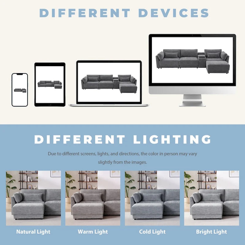 124 Chenille 4-Seater L-Shaped Sofa with Storage Console, USB