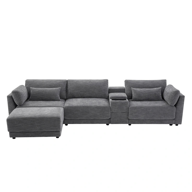 124 Chenille 4-Seater L-Shaped Sofa with Storage Console, USB