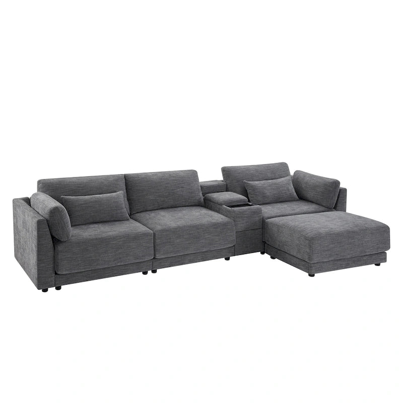 124 Chenille 4-Seater L-Shaped Sofa with Storage Console, USB