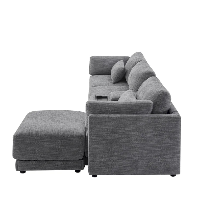 124 Chenille 4-Seater L-Shaped Sofa with Storage Console, USB