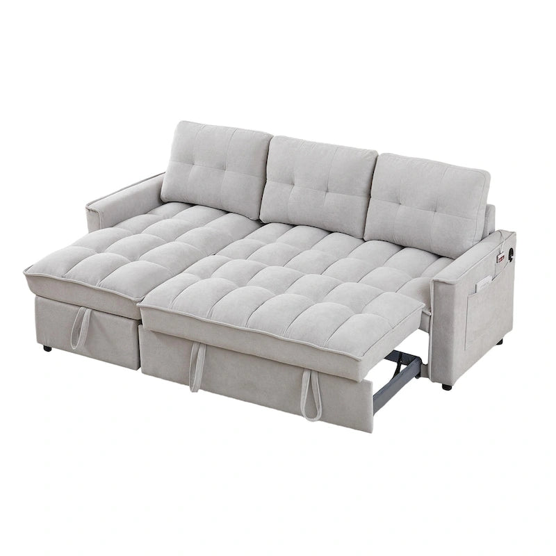 78.75 Chenille Pull-Out L-Shaped Sofa Bed with Charging Ports