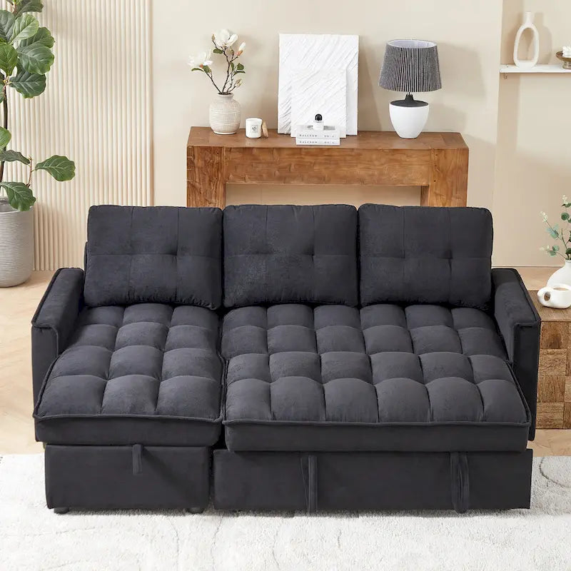 78.75 Chenille Pull-Out L-Shaped Sofa Bed with Charging Ports