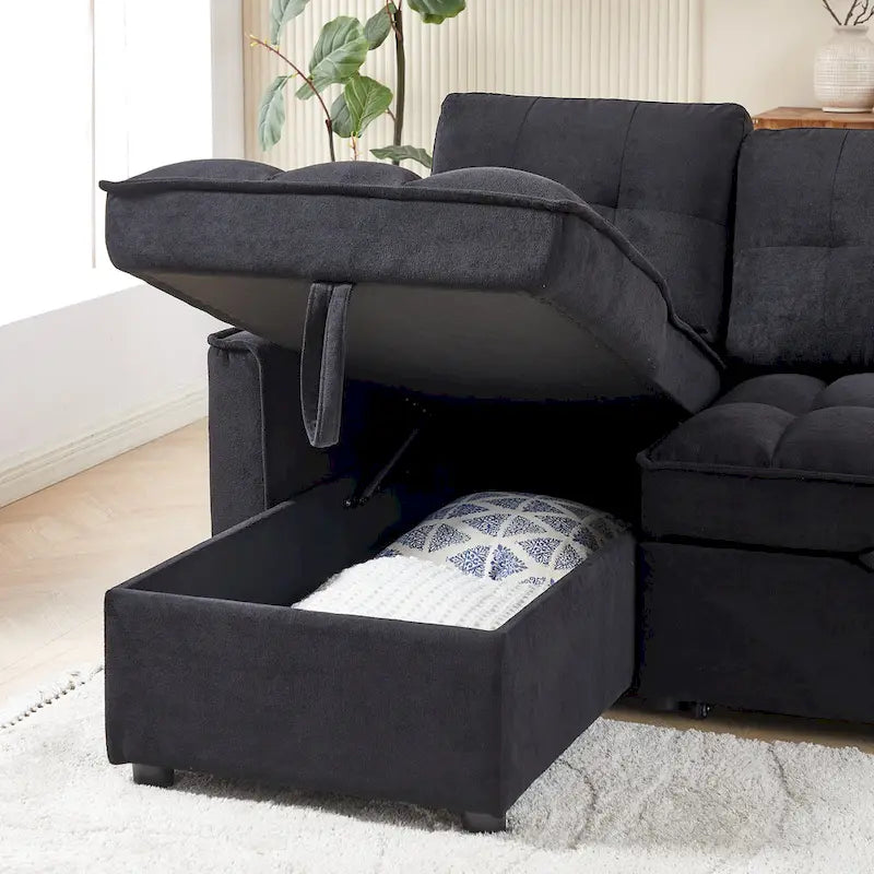 78.75 Chenille Pull-Out L-Shaped Sofa Bed with Charging Ports