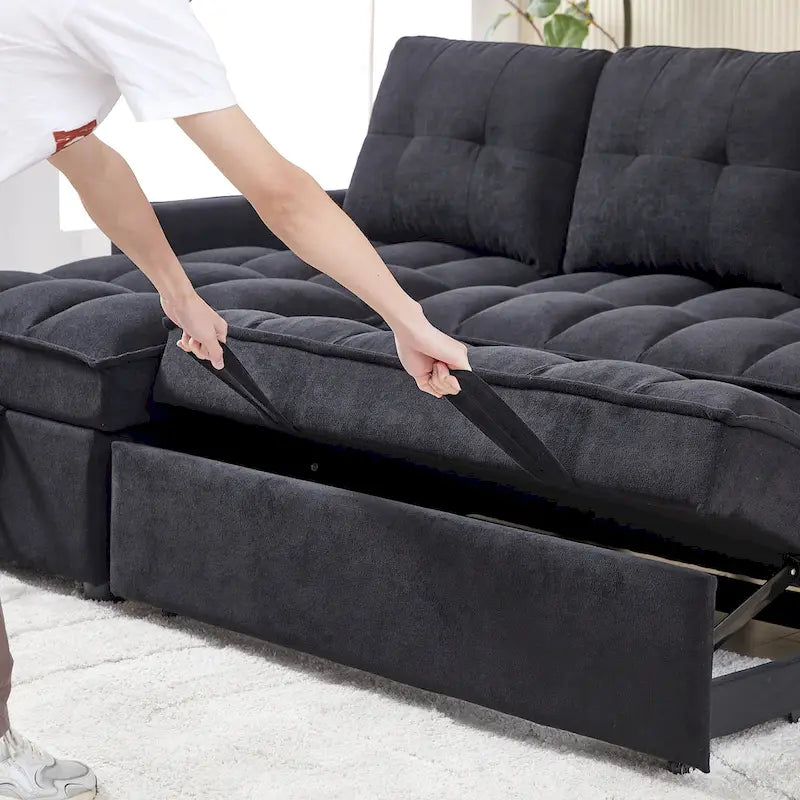 78.75 Chenille Pull-Out L-Shaped Sofa Bed with Charging Ports