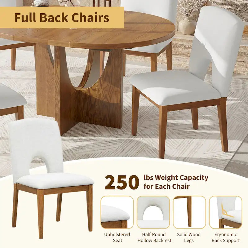 Modern Style 5-Piece Extendable Round Dining Table Set with Removable Leaf and Upholstered Dining Chairs