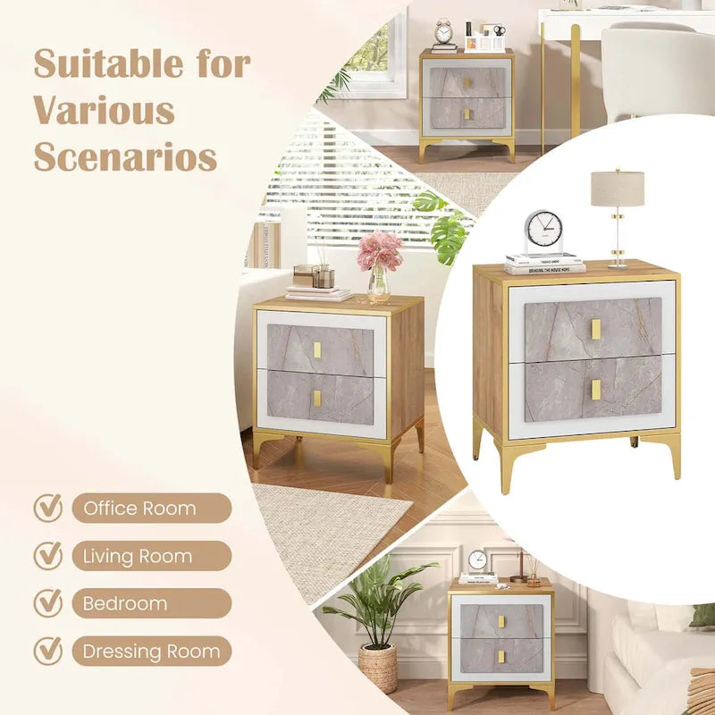 Costway 1/2 PCS Nightstand with Storage Faux Marble Surface Accent