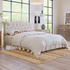 Upholstered Platform Bed with Saddle Curved Headboard and Diamond Tufted Details