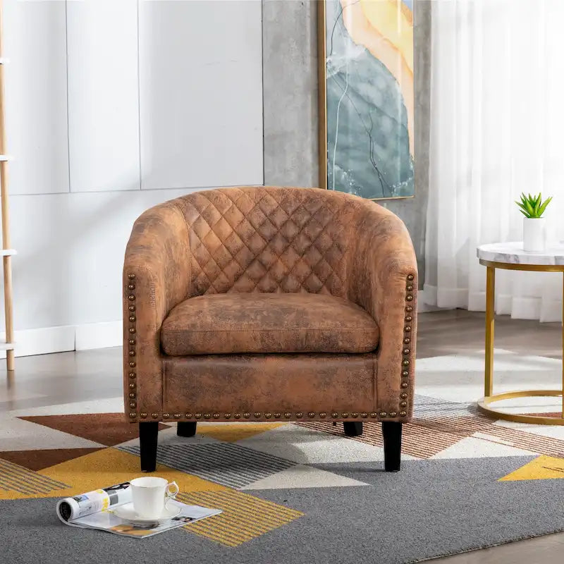 Accent Barrel chair living room chair with nailheads and solid wood legs