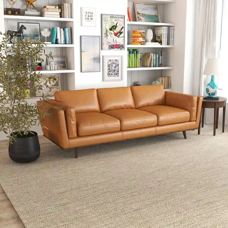 Florencia Mid Century Modern Furniture Style Living Room Leather Sofa in Tan