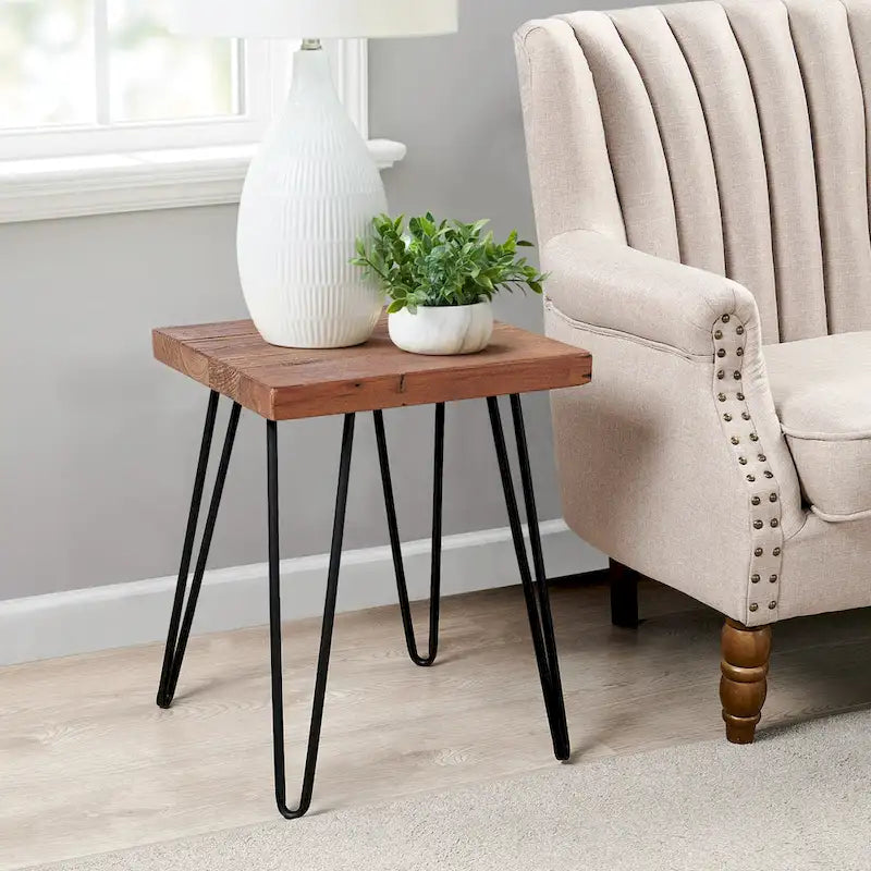 Greenage Wood End Table with Iron Legs