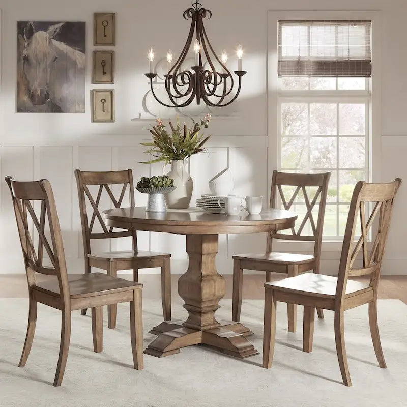 Eleanor Oak Round Solid Wood Top and X Back Chairs 5-piece Dining Set by iNSPIRE Q Classic