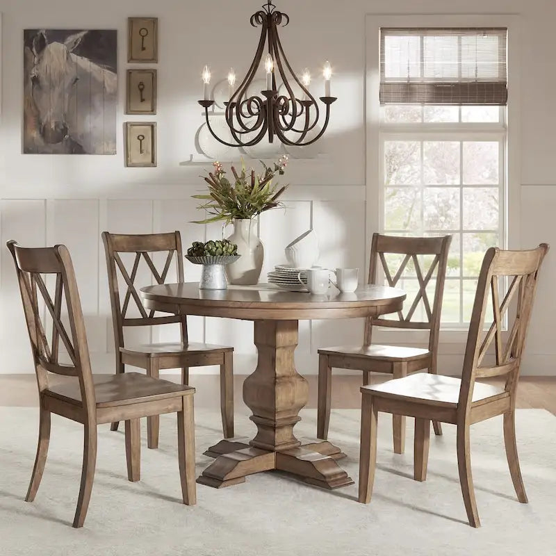 Eleanor Oak Round Solid Wood Top and X Back Chairs 5-piece Dining Set by iNSPIRE Q Classic