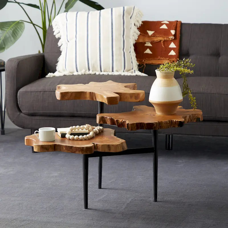 Teak Wood Handmade Live Edge 3 Tier Accent Table with Black Base - Brown - Roche River Decor - 36W x 34L x 24H