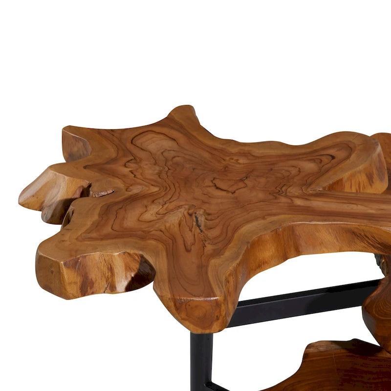 Teak Wood Handmade Live Edge 3 Tier Accent Table with Black Base - Brown - Roche River Decor - 36W x 34L x 24H