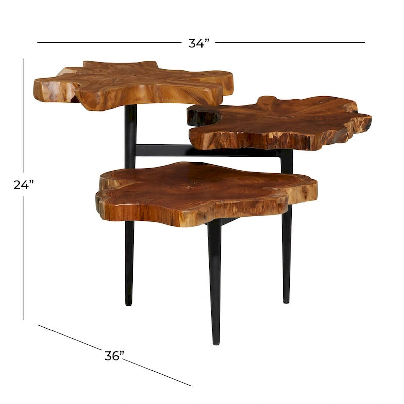 Teak Wood Handmade Live Edge 3 Tier Accent Table with Black Base - Brown - Roche River Decor - 36W x 34L x 24H