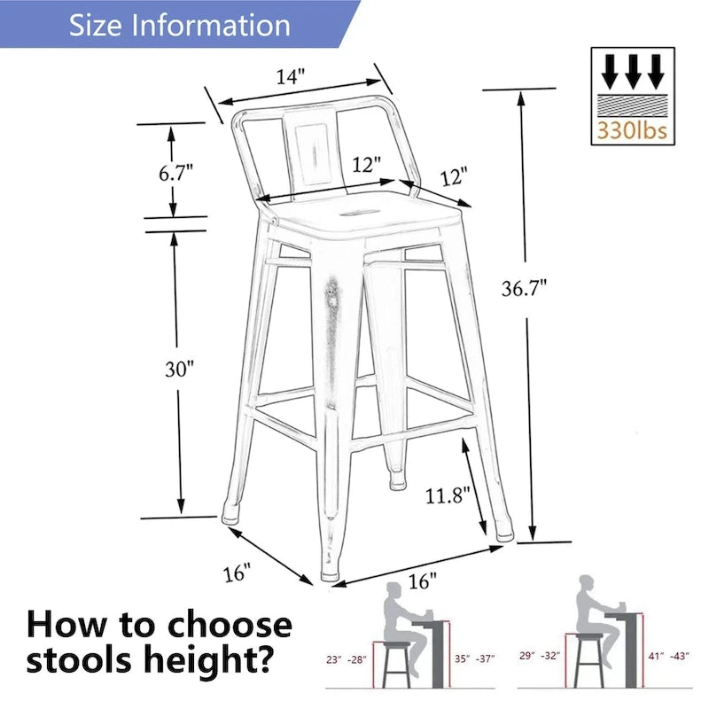 Industrial bar stools Set of 4Metal Bar Stools