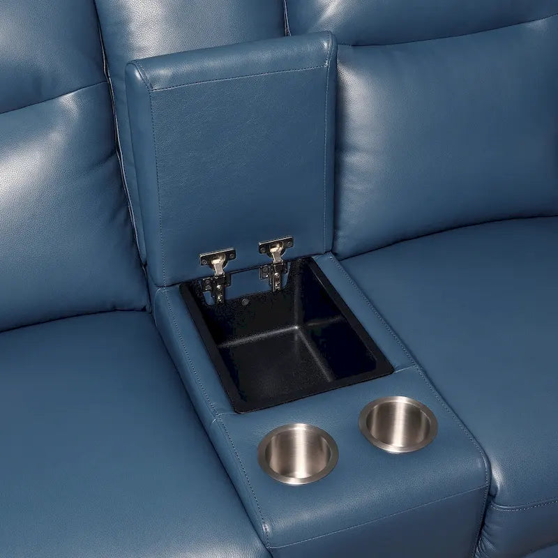 Steve Silver Top Grain Leather Ocean Blue Power Reclining Console Loveseat