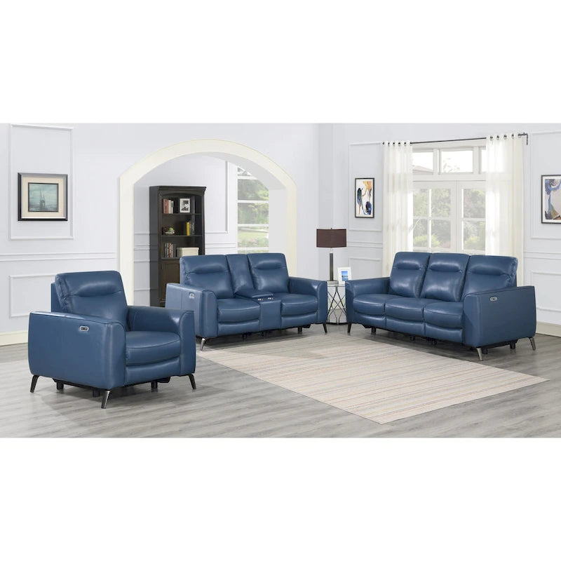 Steve Silver Top Grain Leather Ocean Blue Power Reclining Console Loveseat