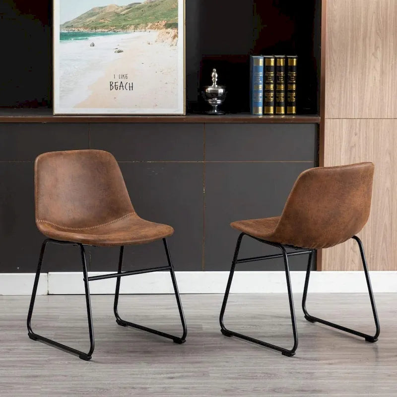 Home Beyond Set of 2 Pcs Synthetic Leather Upholstered Dining Chairs Armlesss with Metal Frame UC-13BRN