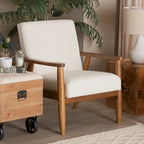Stratton Mid-Century Modern Cream Boucle Fabric and Walnut Brown Finished Wood Armchair