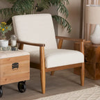 Stratton Mid-Century Modern Cream Boucle Fabric and Walnut Brown Finished Wood Armchair