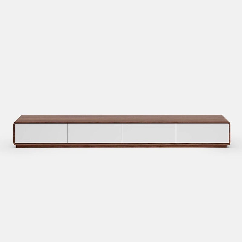 Modern Rectangular TV Stand with 4 Drawers, Wood Veneer Media Console, Walnut White, Soild Wooden, Fully-Assembled