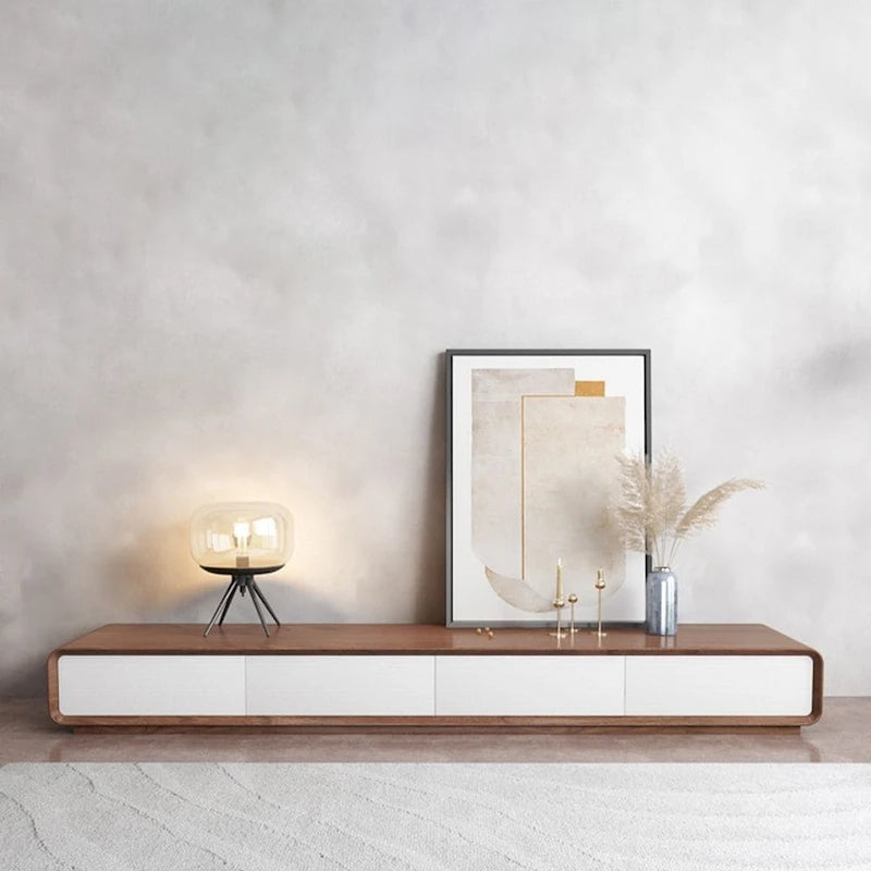 Modern Rectangular TV Stand with 4 Drawers, Wood Veneer Media Console, Walnut White, Soild Wooden, Fully-Assembled