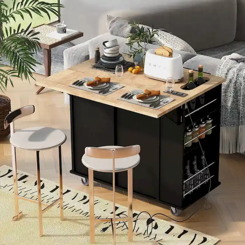 Kitchen Storage Island with Drop Leaf and Power Outlet