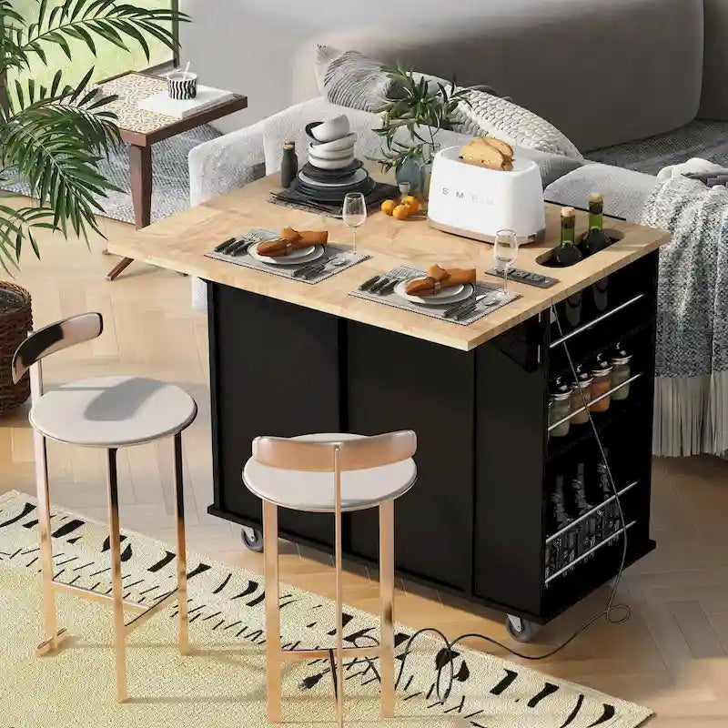 Kitchen Storage Island with Drop Leaf and Power Outlet