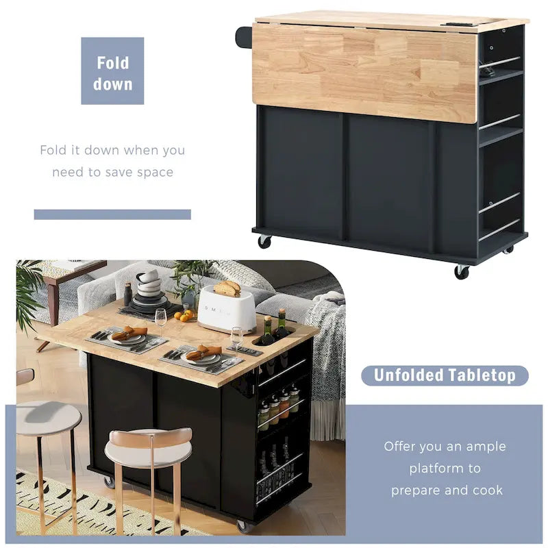 Kitchen Storage Island with Drop Leaf and Power Outlet