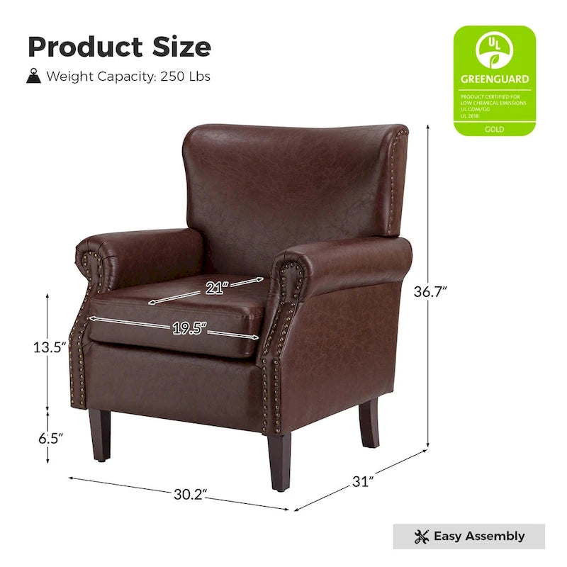 Levi Transitional Leather Armchair with Nailhead Trim Rolled Arms by HULALA HOME