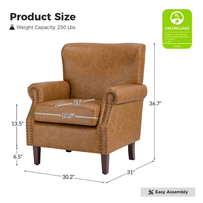 Levi Transitional Leather Armchair with Nailhead Trim Rolled Arms by HULALA HOME