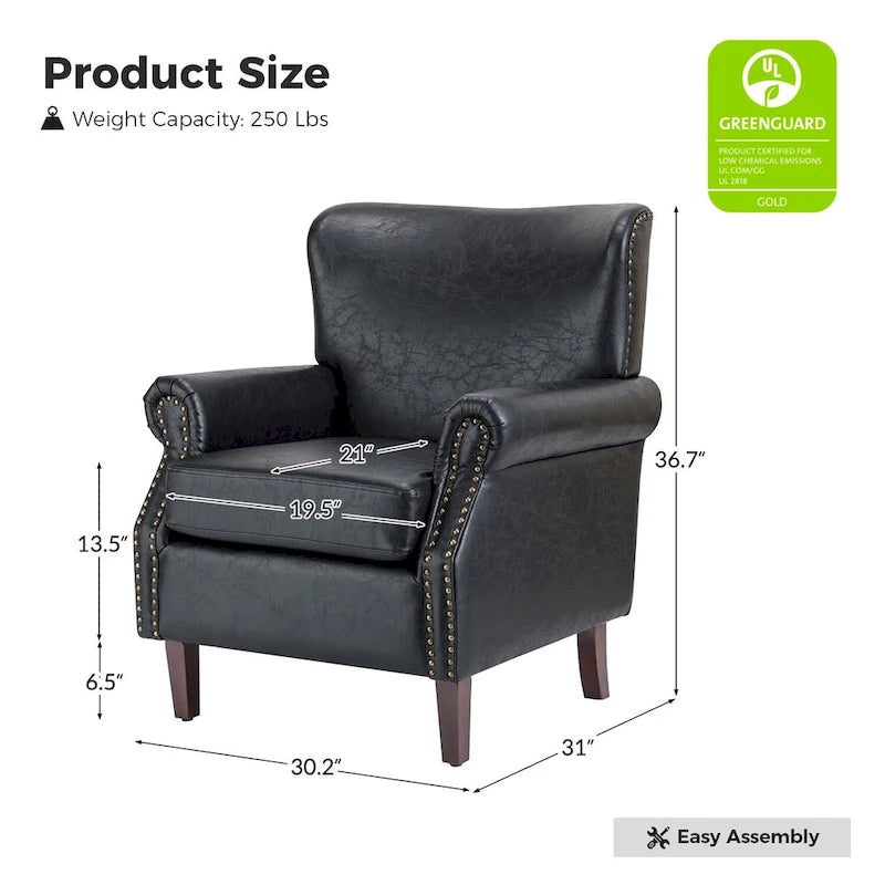 Levi Transitional Leather Armchair with Nailhead Trim Rolled Arms by HULALA HOME