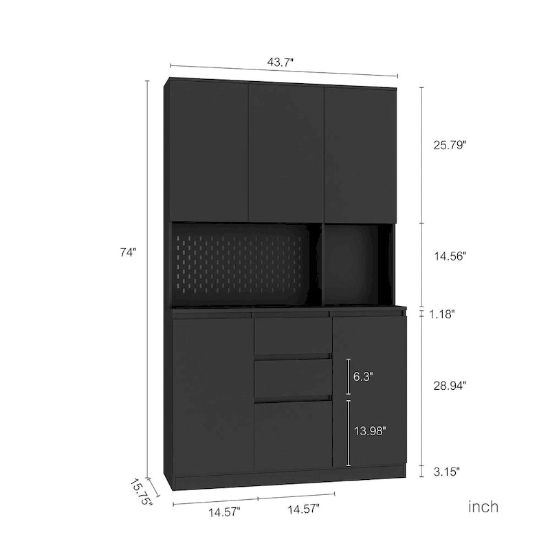 74 Freestanding Kitchen Pantry Cabinet Cupboard with 6 Doors,3 Shelves and 2 Drawer, Laundry Room Storage