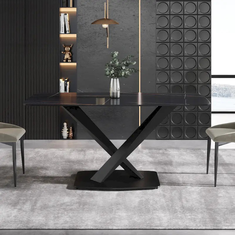 63 Modern Dining TableSintered Stone Tabletop with Black Base