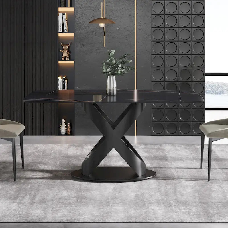 63 Modern Dining TableSintered Stone Tabletop with Black Base