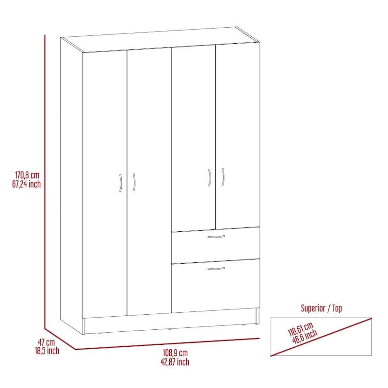 TUHOME Vaupes Armoire with 2 Double Door Cabinets, Drawer, 5 Interior Shelves, Rod, and Pull Down Cabinet - N/A