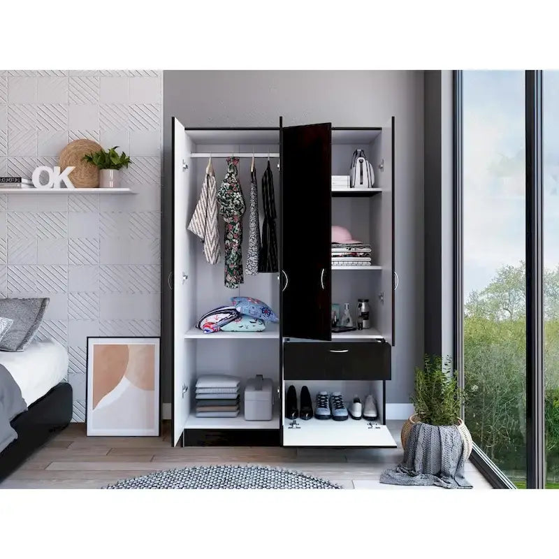 TUHOME Vaupes Armoire with 2 Double Door Cabinets, Drawer, 5 Interior Shelves, Rod, and Pull Down Cabinet - N/A