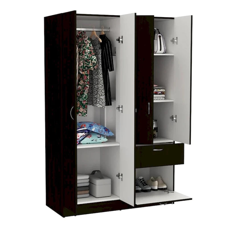 TUHOME Vaupes Armoire with 2 Double Door Cabinets, Drawer, 5 Interior Shelves, Rod, and Pull Down Cabinet - N/A