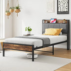 Metal&Wood Platform Bed with Storage Linen Headboard and Charging Station