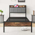 Metal&Wood Platform Bed with Storage Linen Headboard and Charging Station