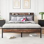 Metal&Wood Platform Bed with Storage Linen Headboard and Charging Station