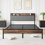 Metal&Wood Platform Bed with Storage Linen Headboard and Charging Station