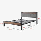 Metal&Wood Platform Bed with Storage Linen Headboard and Charging Station