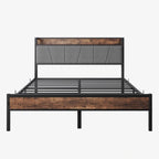 Metal&Wood Platform Bed with Storage Linen Headboard and Charging Station