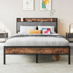 Metal&Wood Platform Bed with Storage Linen Headboard and Charging Station