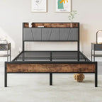 Metal&Wood Platform Bed with Storage Linen Headboard and Charging Station