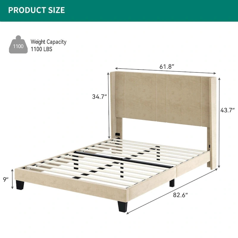 Velvet Upholstered Platform Bed Frame