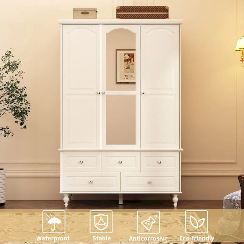 70.9H White Lacquered Armoires Wardrobes With Mirror Doors