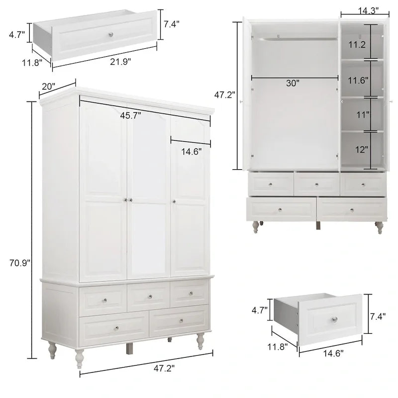 70.9H White Lacquered Armoires Wardrobes With Mirror Doors